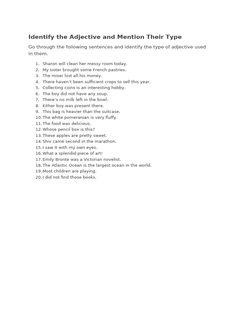 Adjective Identification and Types Worksheet | PDF