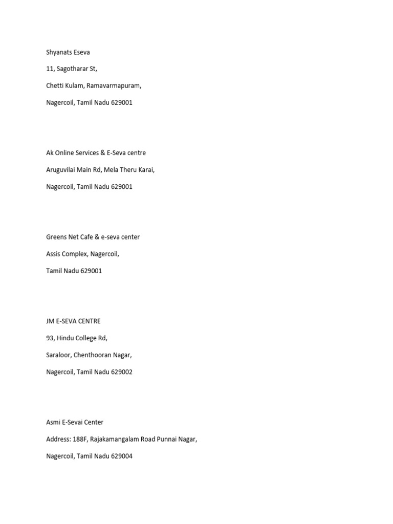 E-Seva Centers in Nagercoil Area | PDF | Languages Of Tamil Nadu | Tamils