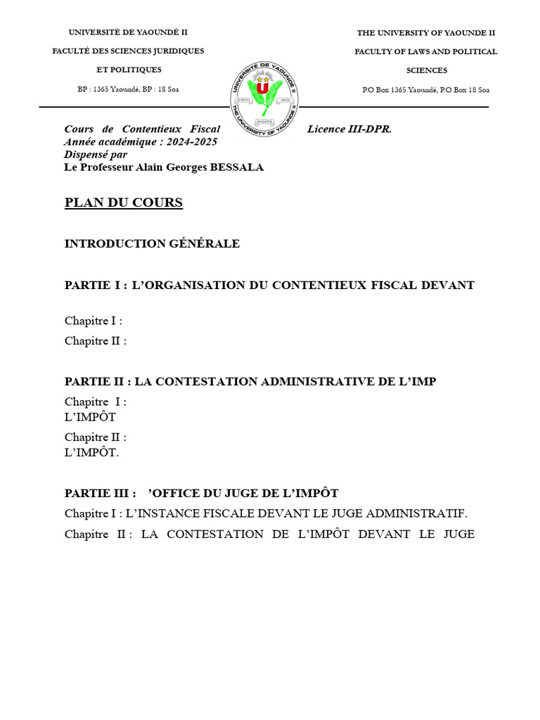 Cours sur le Contentieux Fiscal au Cameroun | PDF | Impôts | Juge