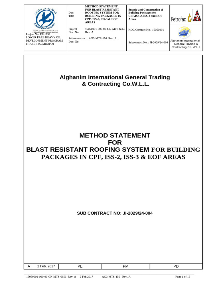 Blast Resistant Roofing Method Statement | PDF | Subcontractor ...