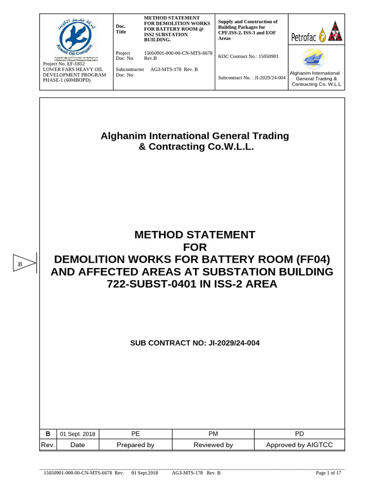 Demolition Method Statement for ISS2 Battery Room | PDF | Subcontractor