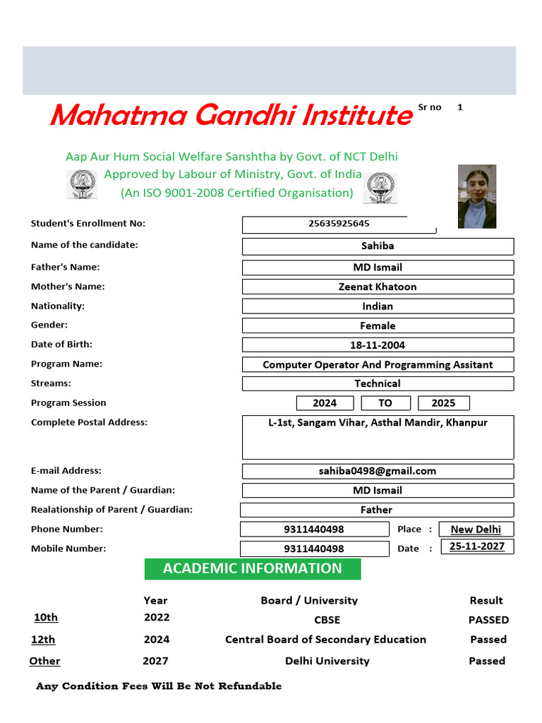 Mahatma Gandhi Institute Enrollment Details | PDF