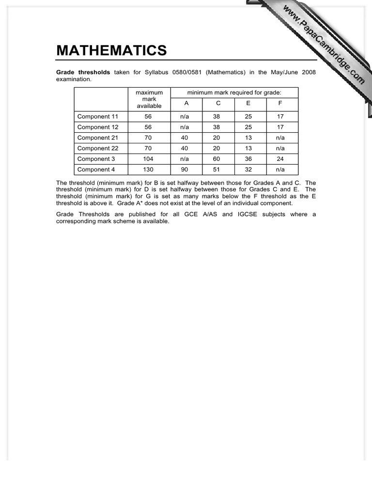 Grade Thresholds for IGCSE Mathematics | PDF