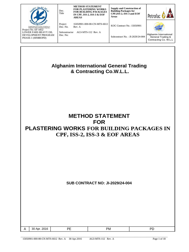 Plastering Method Statement for CPF Areas | PDF | General Contractor ...