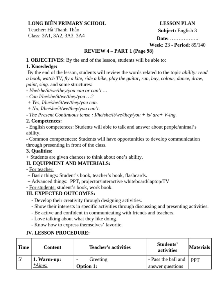 English Lesson Plan for Grade 3 | PDF | Crossword | Teachers