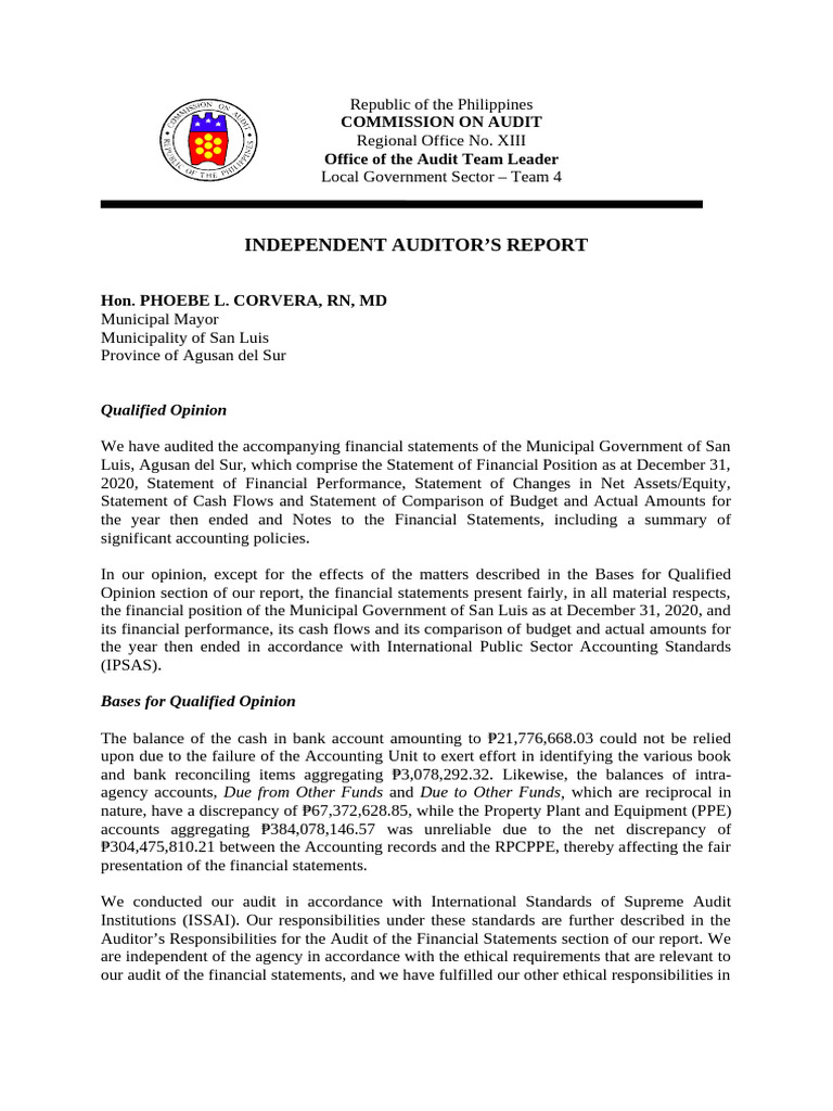 06 SanLuis2020 Part1 Auditor's Report | PDF | Audit | Financial Audit