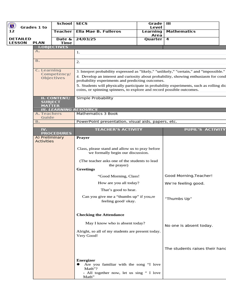 Grade 3 Probability Lesson Plan | PDF | Probability