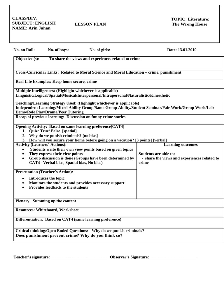 Class/Div: Subject: English NAME: Arin Jahan Lesson Plan TOPIC ...