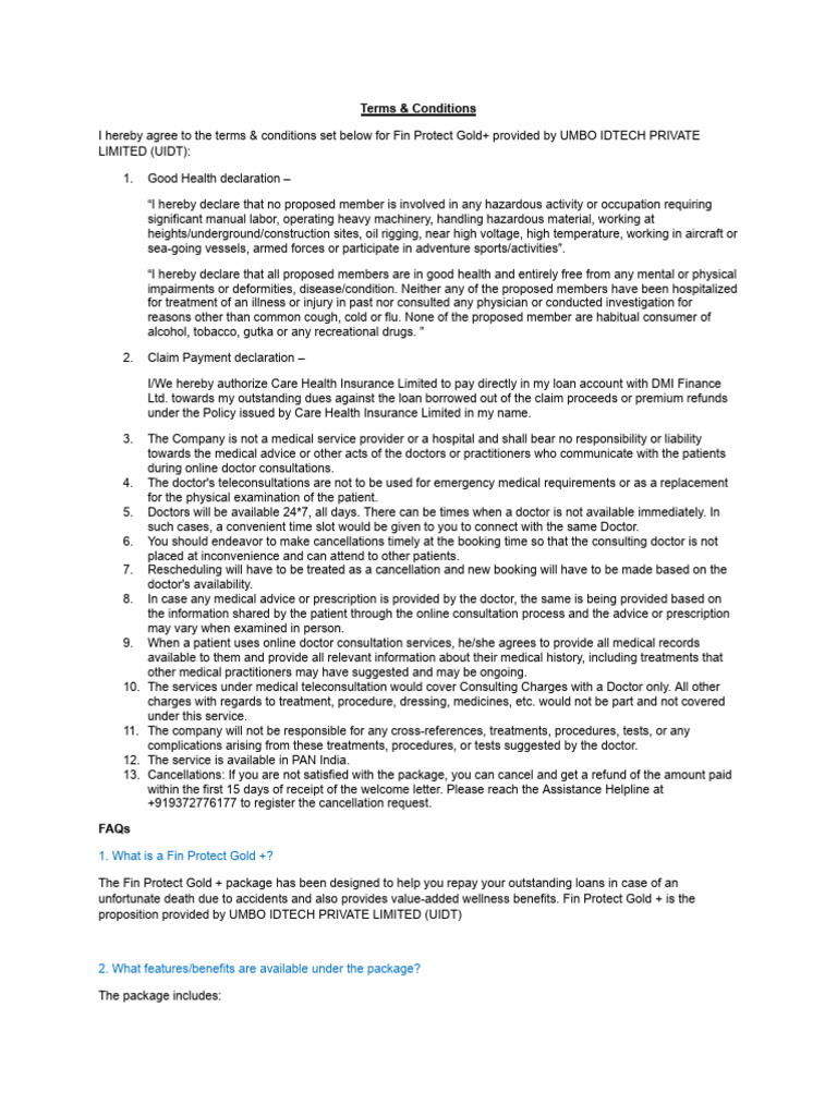 Fin Protect Gold+ Terms & Conditions | PDF | Physician | Hand