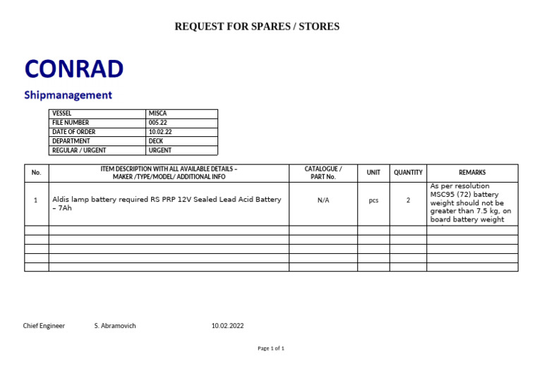 Aldis Lamp Battery Order Request | PDF
