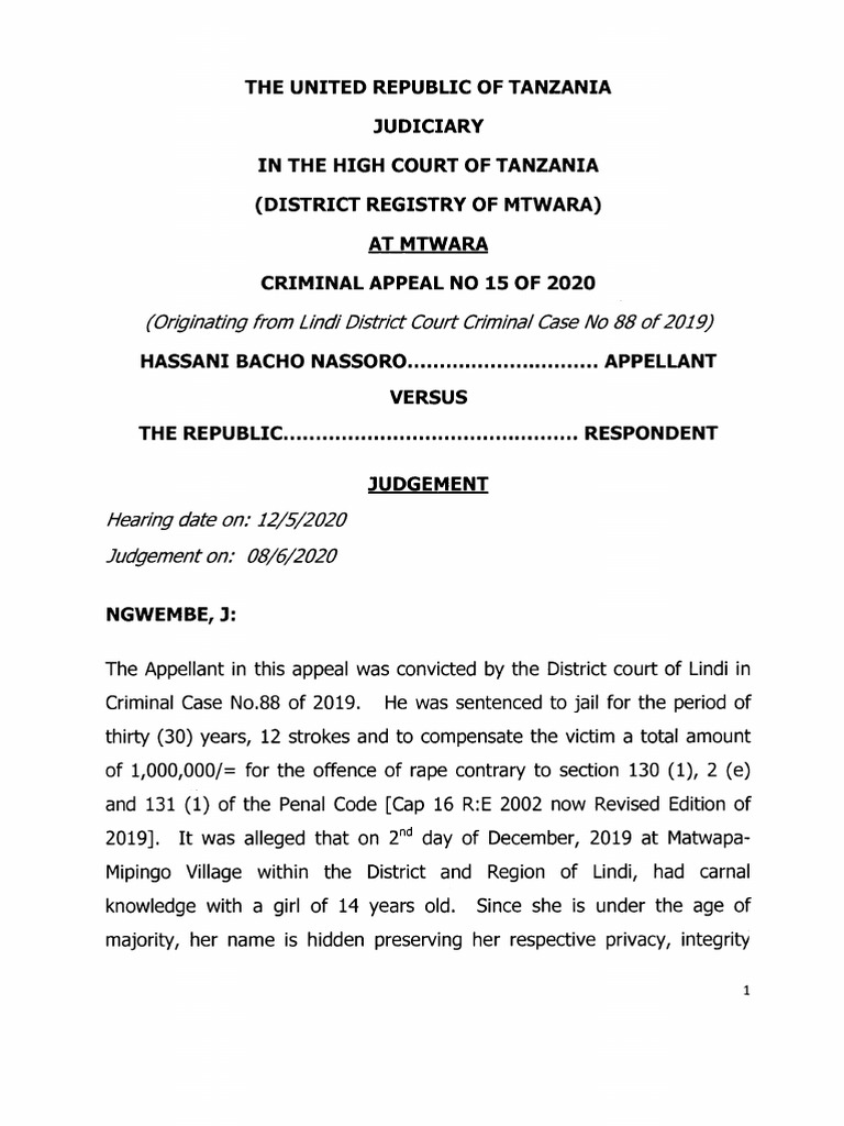 HASSAN BACHO NASSORO VS THE REPUBLIC | PDF | Expert Witness | Rape