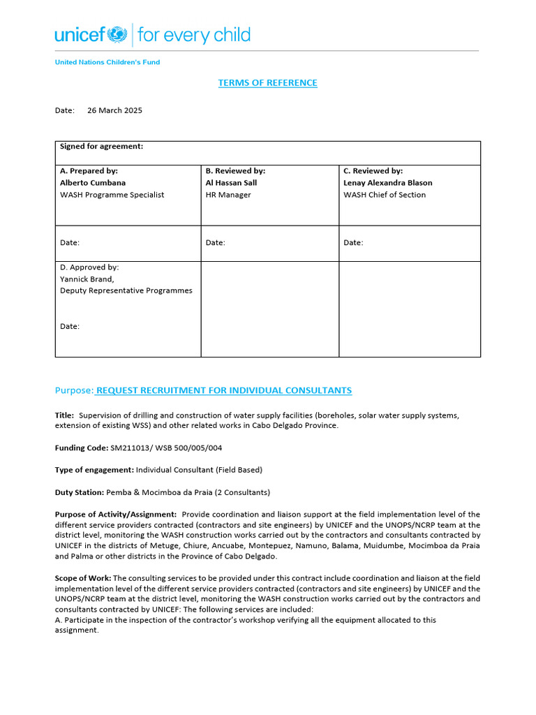 ToR - WASH Field Based Individual Consultants - Final | PDF | Pump ...