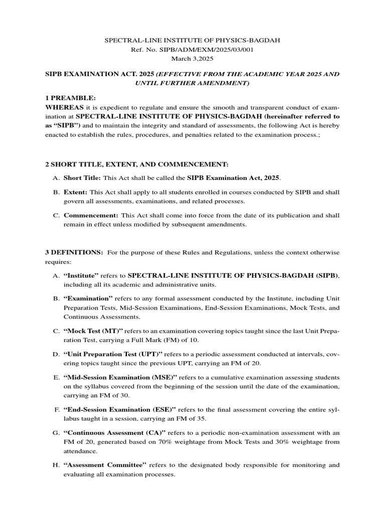 SIPB Examination Act 2025 Overview | PDF