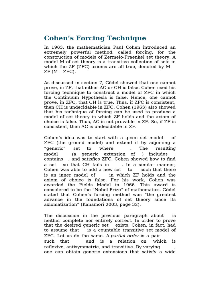Cohen's Forcing Technique in Set Theory | PDF | Mathematical Concepts ...