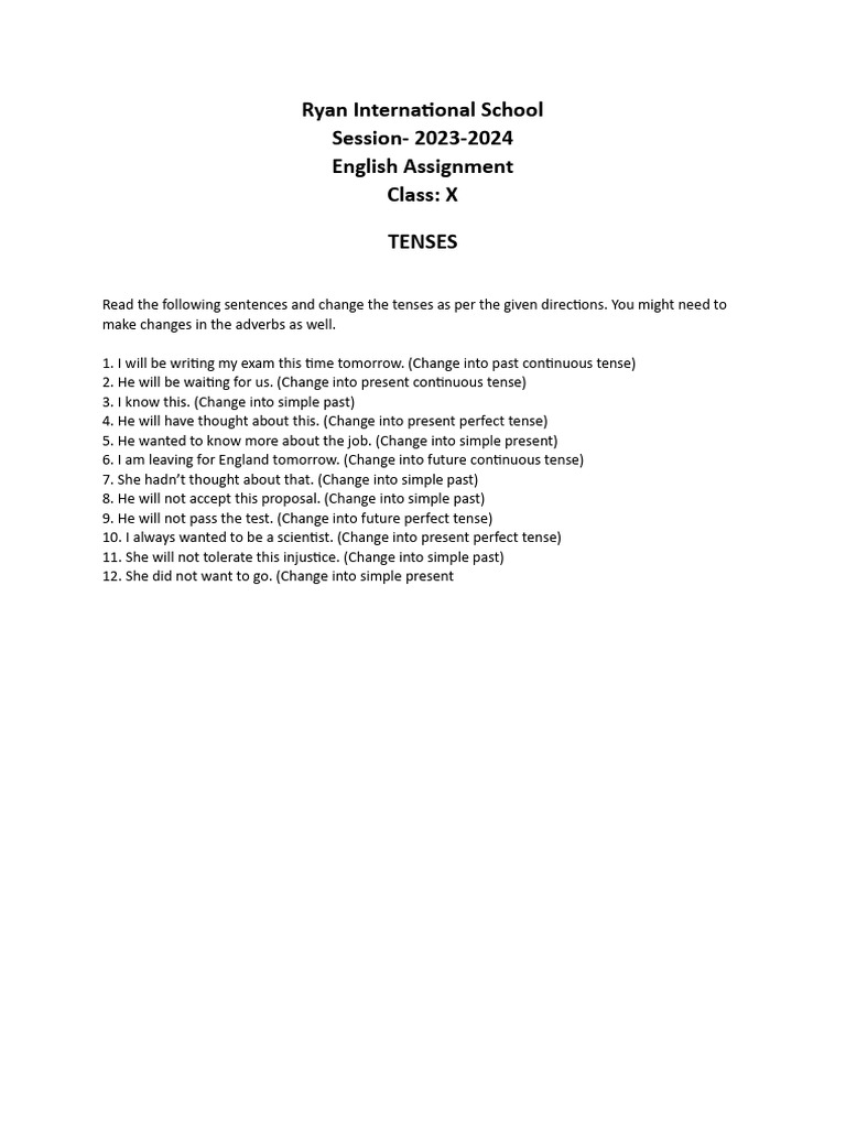 English Tenses Assignment for Class X | PDF