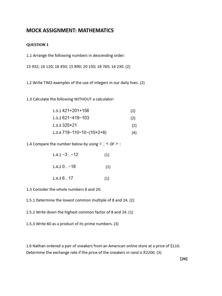 Mathematics Mock Assignment Questions | PDF | Mathematics