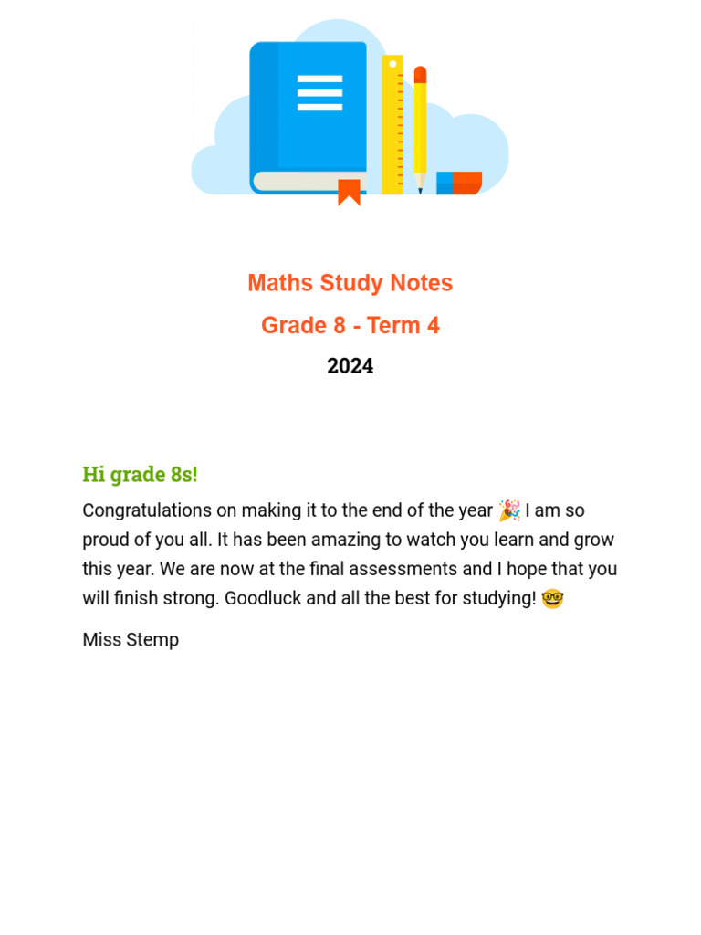 Grade 8 Maths Term 4 Study Notes | PDF | Numbers | Cartesian Coordinate ...