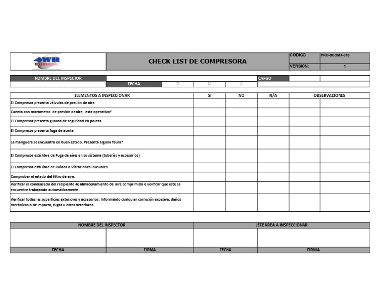 Check List de Compresor de Aire | PDF