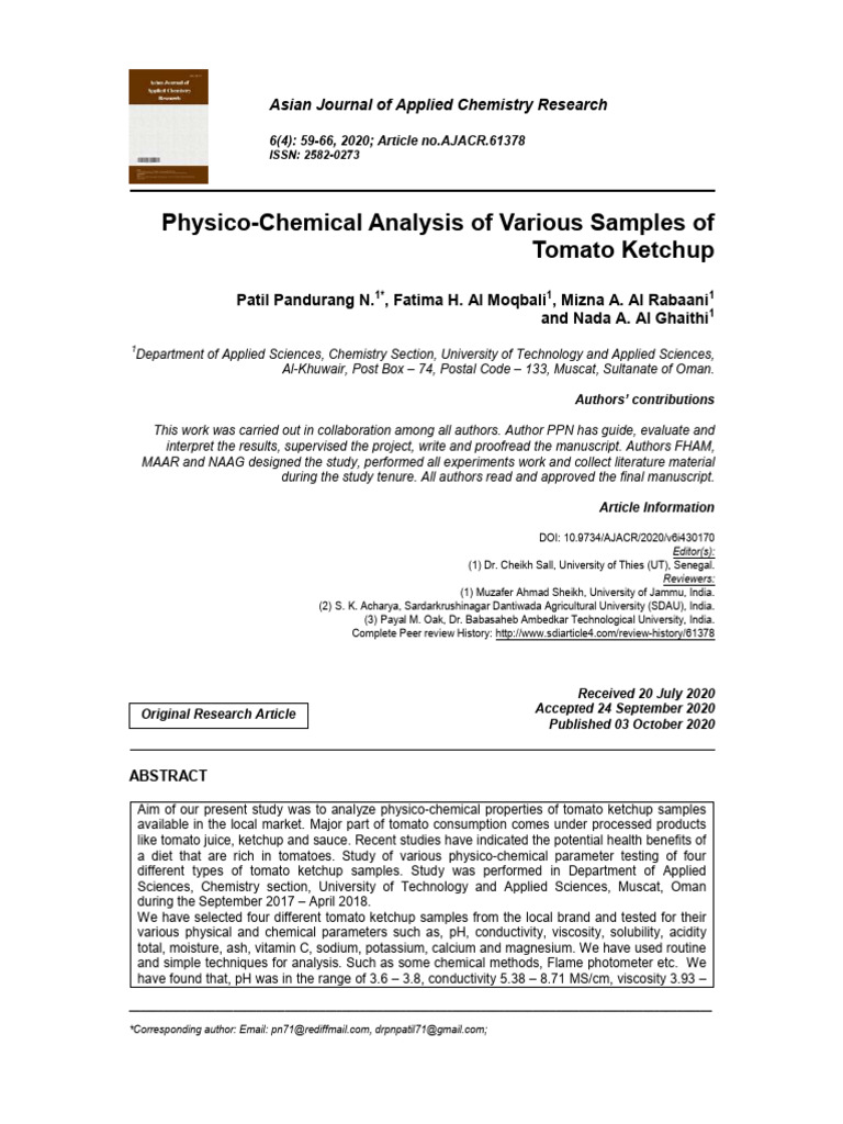 Physico Chemical Analysis of Various Samples of Tomato 1uj7gz118r | PDF ...