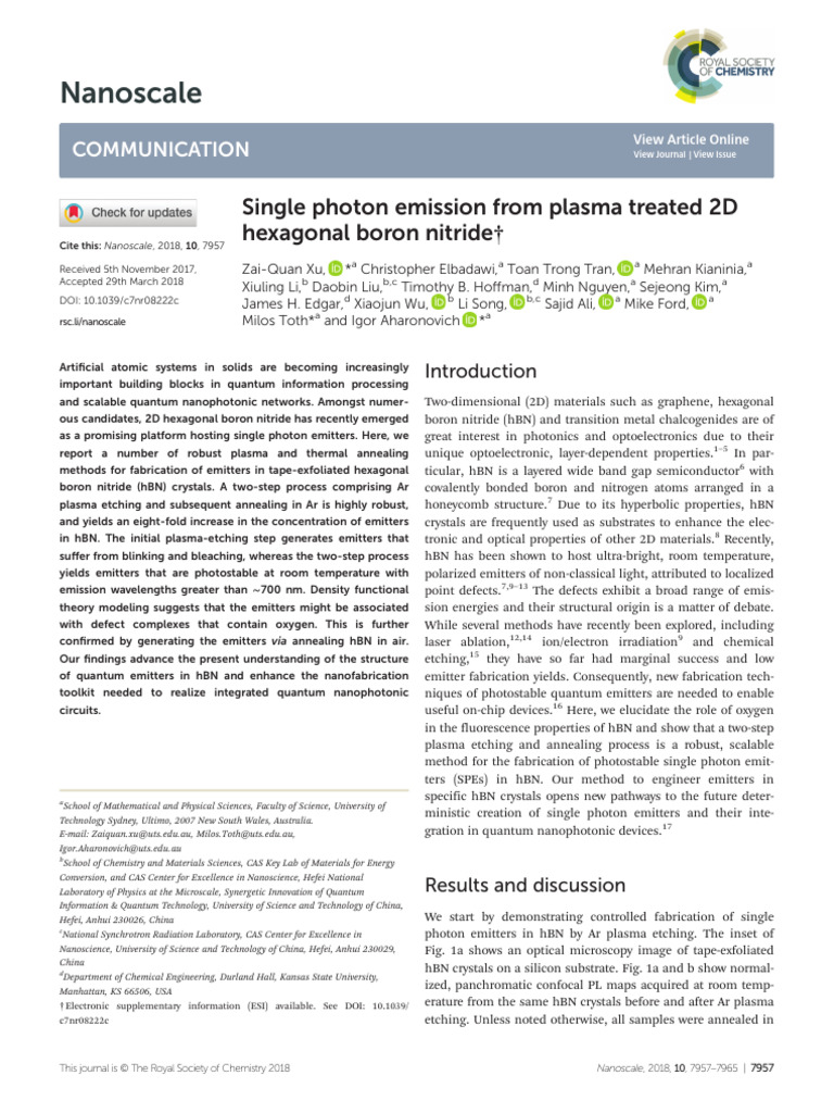 Nanoscale: Single Photon Emission From Plasma Treated 2D Hexagonal ...