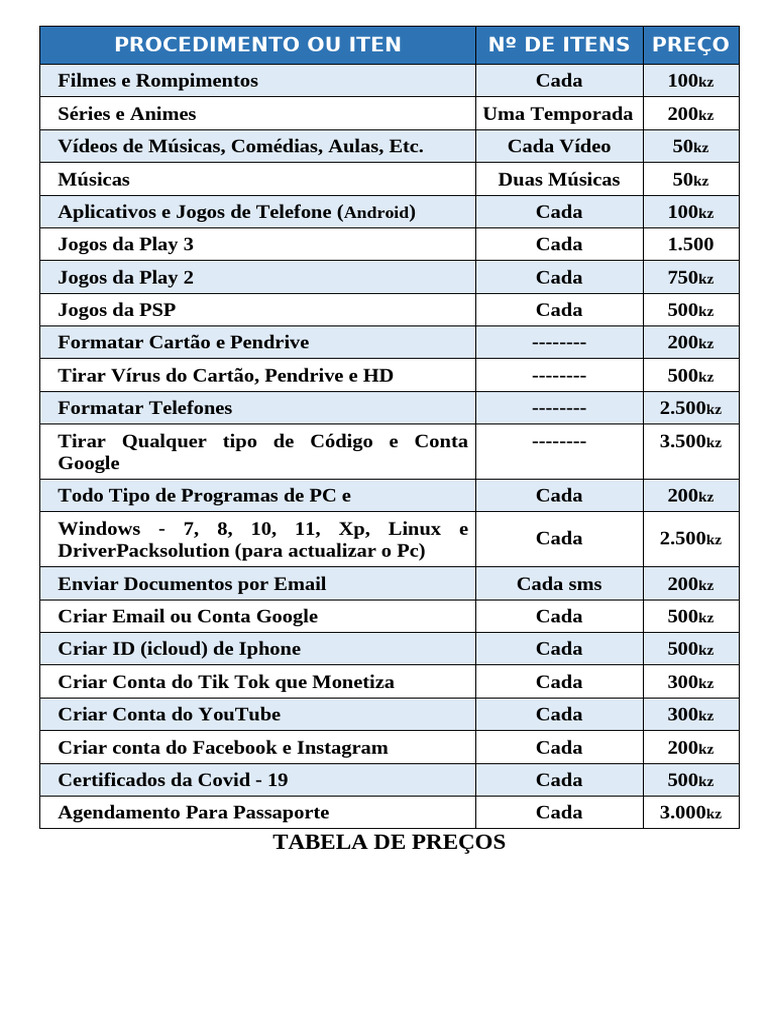 TABELA DE PREÇOS | PDF | Informática | Programas