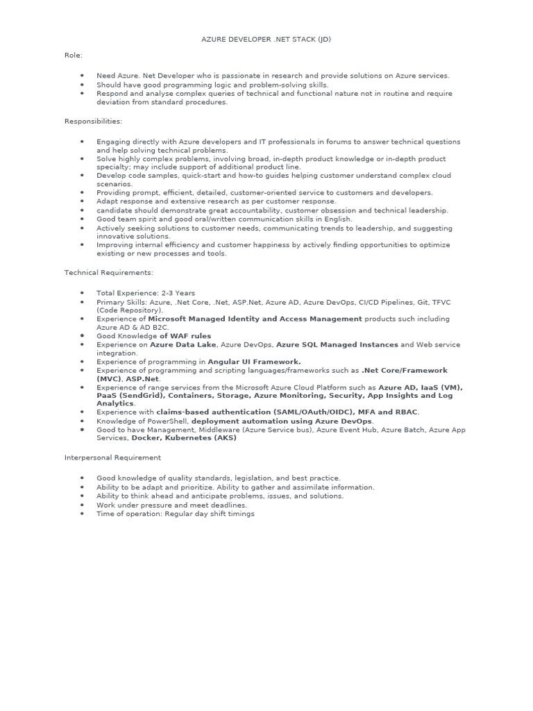 Azure .NET Developer Job Description | PDF | Microsoft Azure | Cloud ...