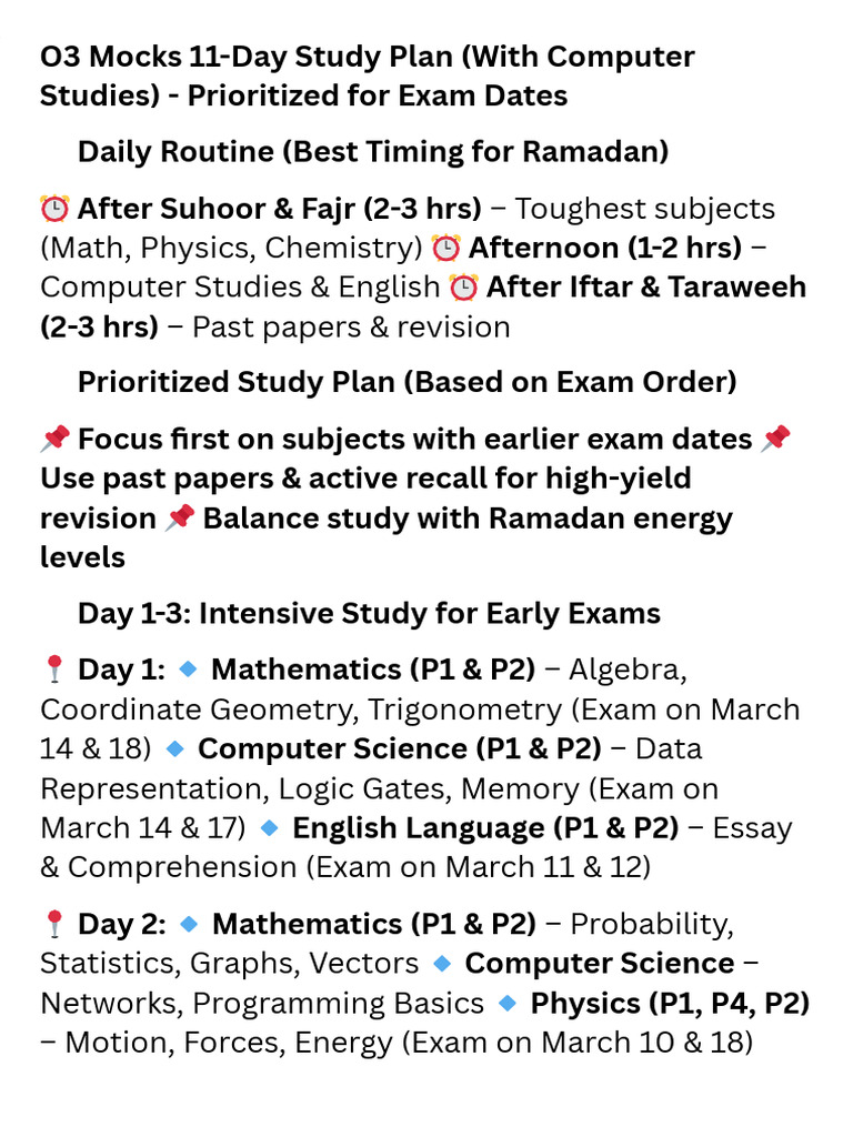 O3 Mocks 11-Day Study Plan (With Computer Studies) - Prioritized For ...