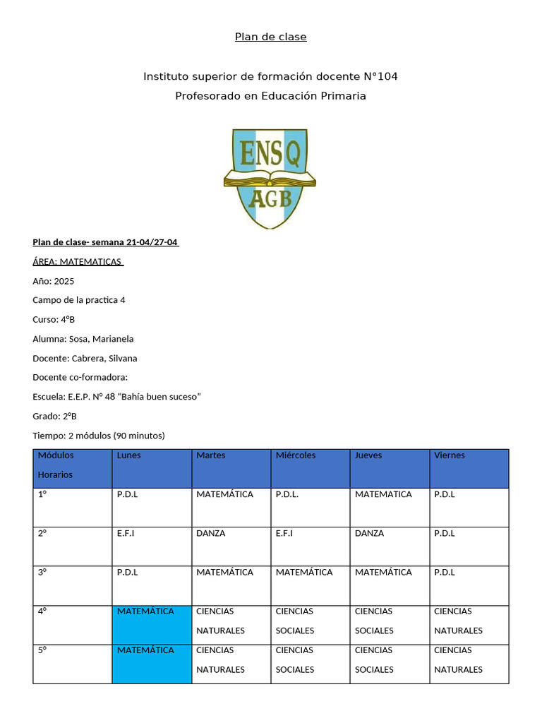 Plan de Clases Matematica | PDF | Enseñando | Maestros