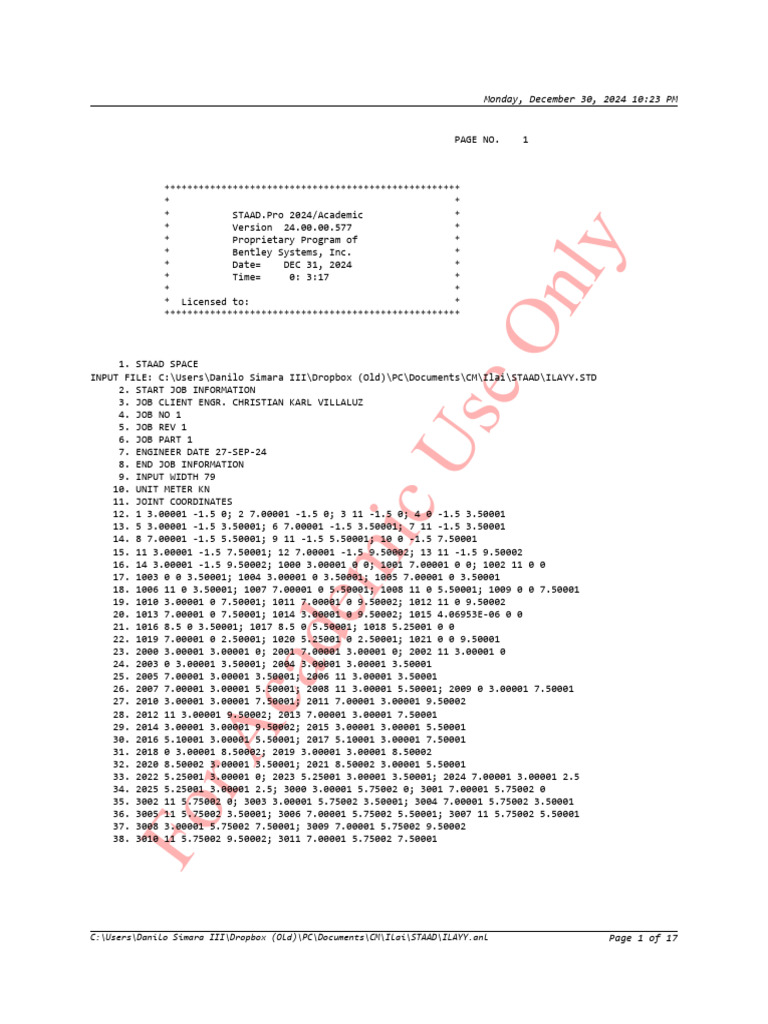 STAAD.Pro 2024 Academic Input File | PDF | Mechanics | Mechanical ...