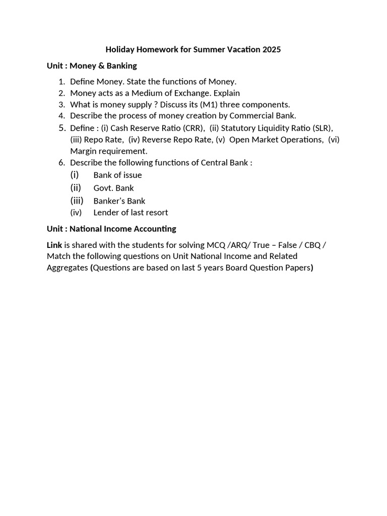 Holiday Homework For Summer Vacation 2025 | PDF