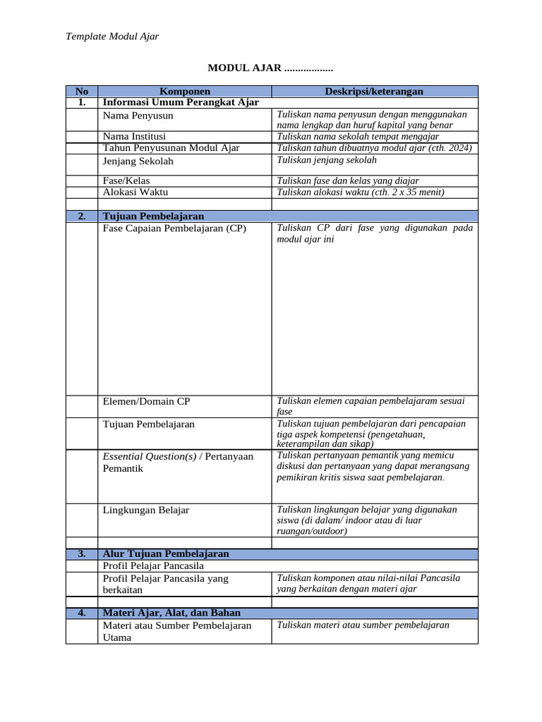 Template Modul Ajar Lengkap untuk Guru | PDF