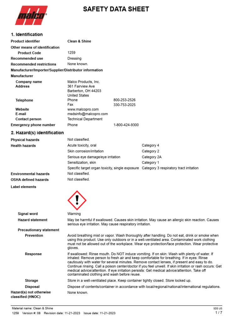 Clean & Shine Safety Data Sheet | PDF | Dangerous Goods | Toxicity