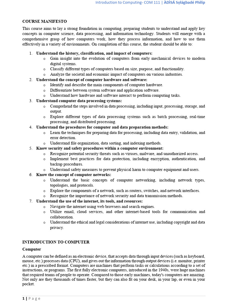 Introduction to Computing Course Overview | PDF | Computer Data Storage ...