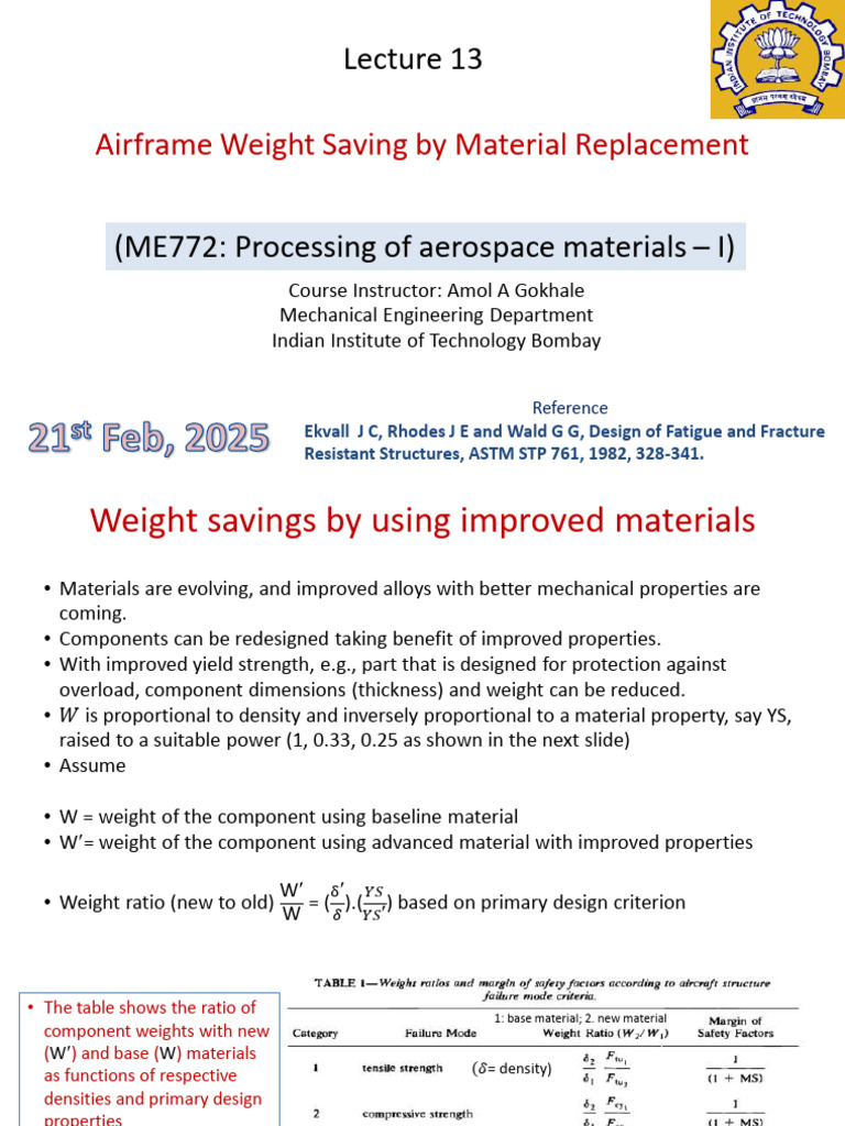 ME772 - S25 - Lecture 13 Weight Savings by Material Replacement | PDF ...