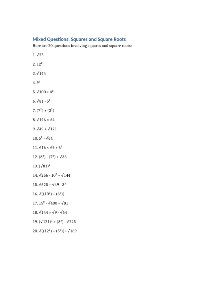 Mixed Squares and SquareRoots | PDF