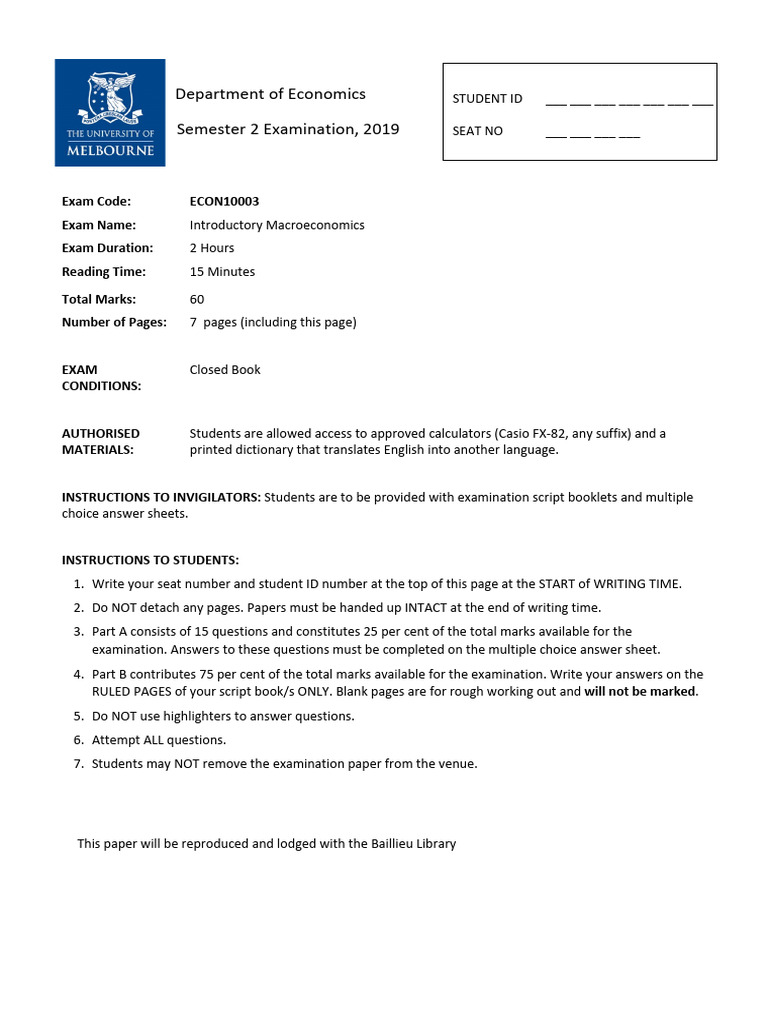 ECON10003 PRACTICE Exam (2019-S2) | PDF | Labour Economics | Economic ...