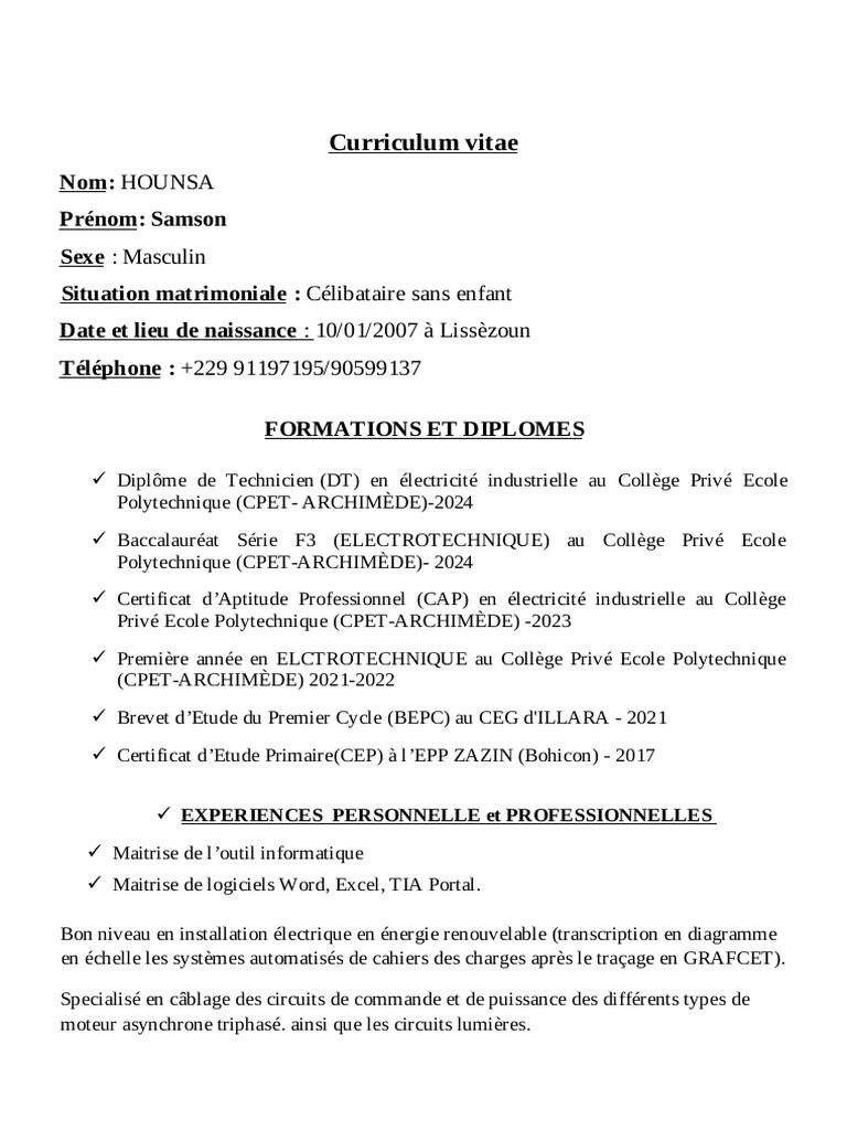 CV de Samson Hounsa - Électricité | PDF
