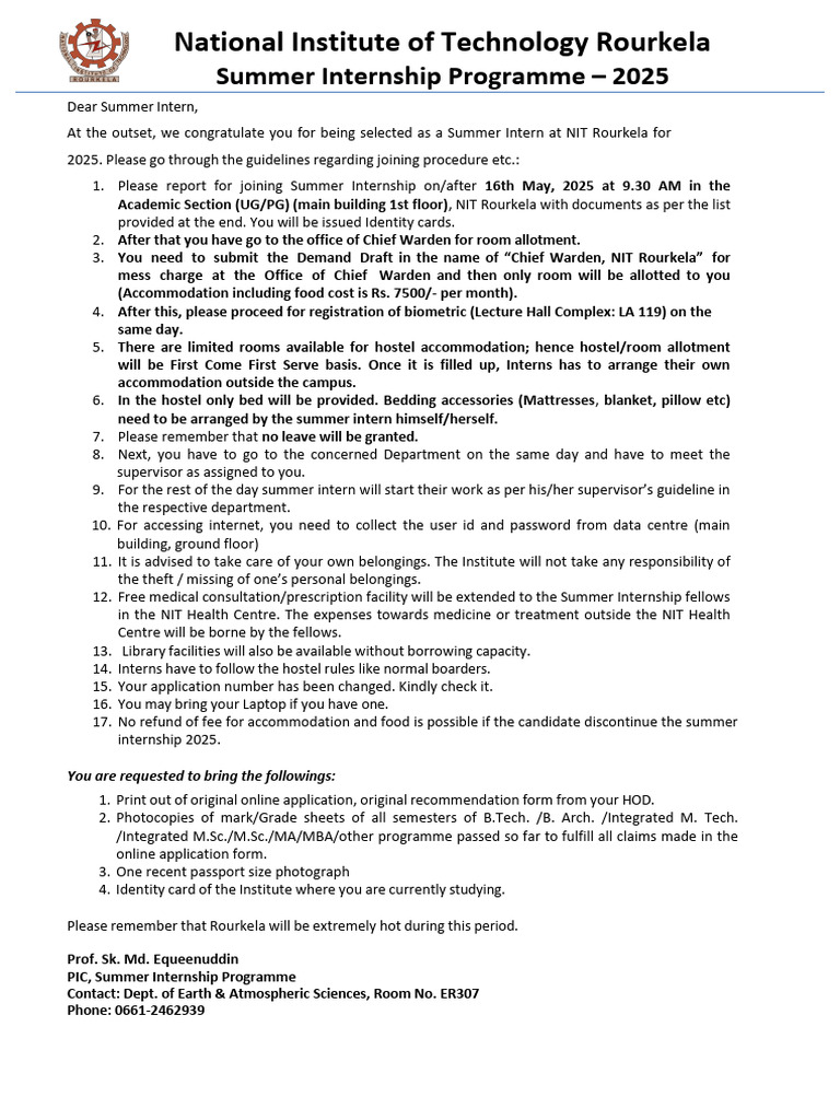National Institute of Technology Rourkela: Summer Internship Programme ...