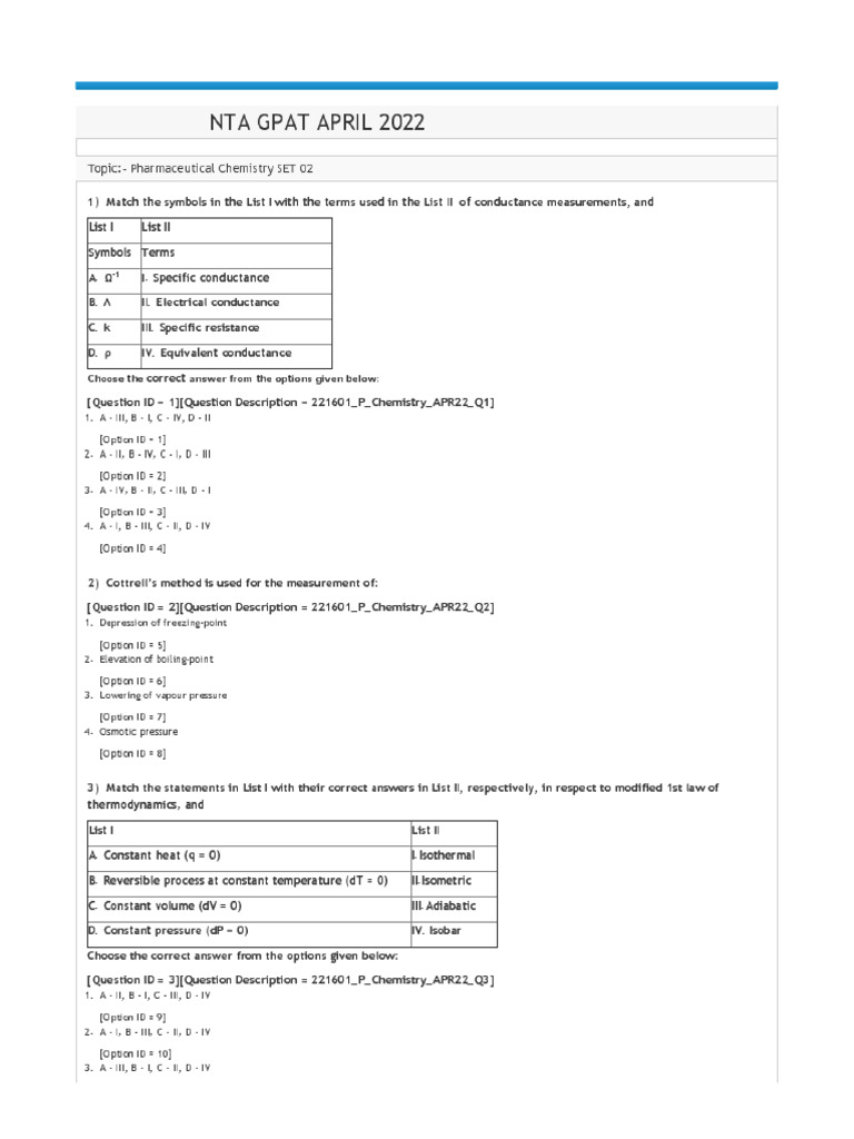GPAT Graduate Pharmacy Aptitude Test 2022 Shift 1 | PDF
