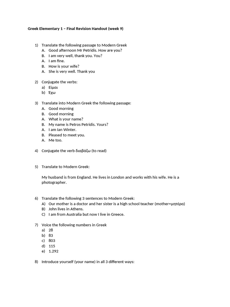 Greek Elementary 1 - Final Revision Handout (Week 9) | PDF