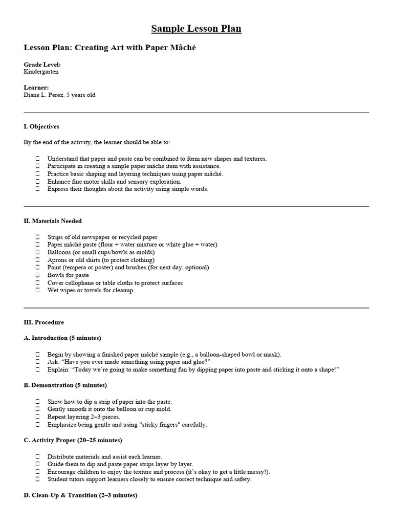 Sample Lesson Plan Art Tutoring 1 | PDF