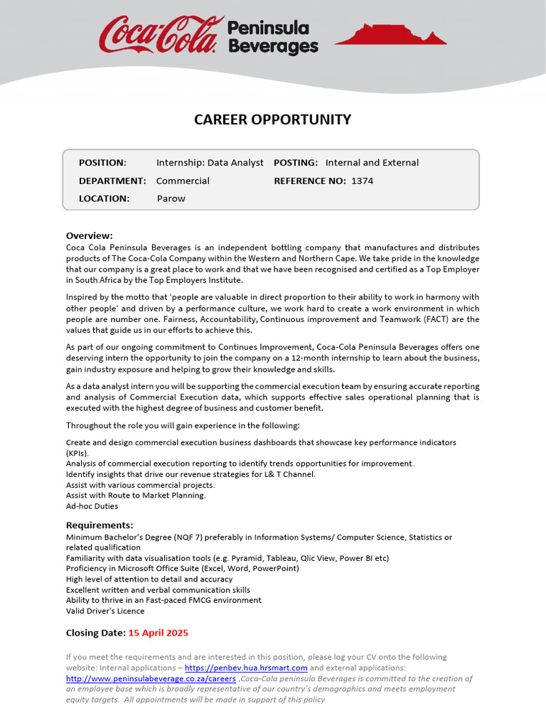 Vacancy - Internship - Data Analyst - Parow - 1374 | PDF | Data Analysis |  Data