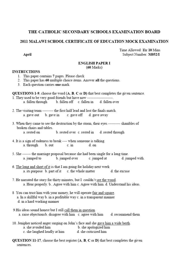 MSCE English Paper 1 Mock Exam 2011 | PDF | Adverb | Characters In ...