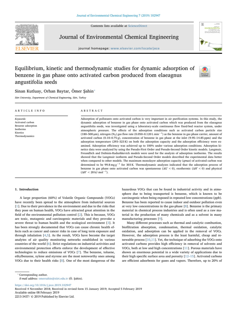 Benzene Adsorption on Activated Carbon | PDF | Adsorption | Gases