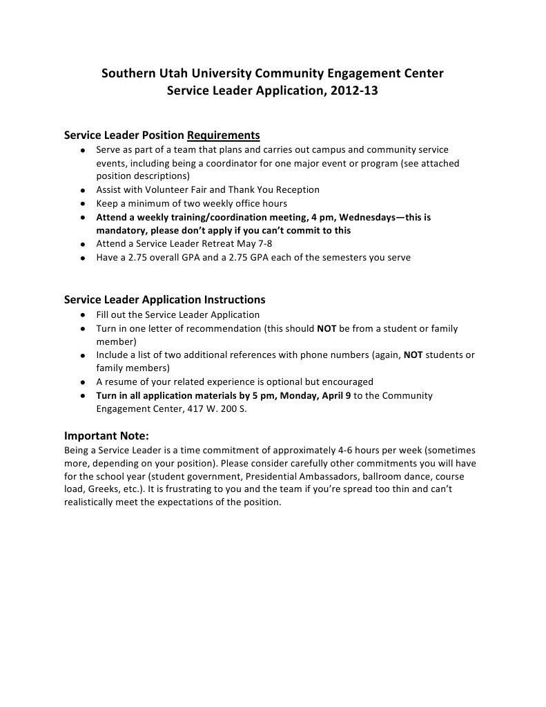 Service Leader Application2012-13 | PDF | Volunteering | Schools