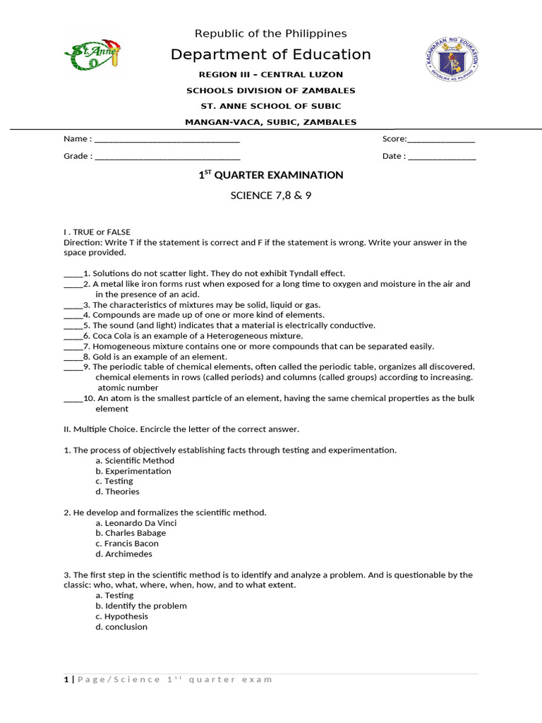 Science 1st Periodical Test | PDF | Chemical Elements | Chemical Substances