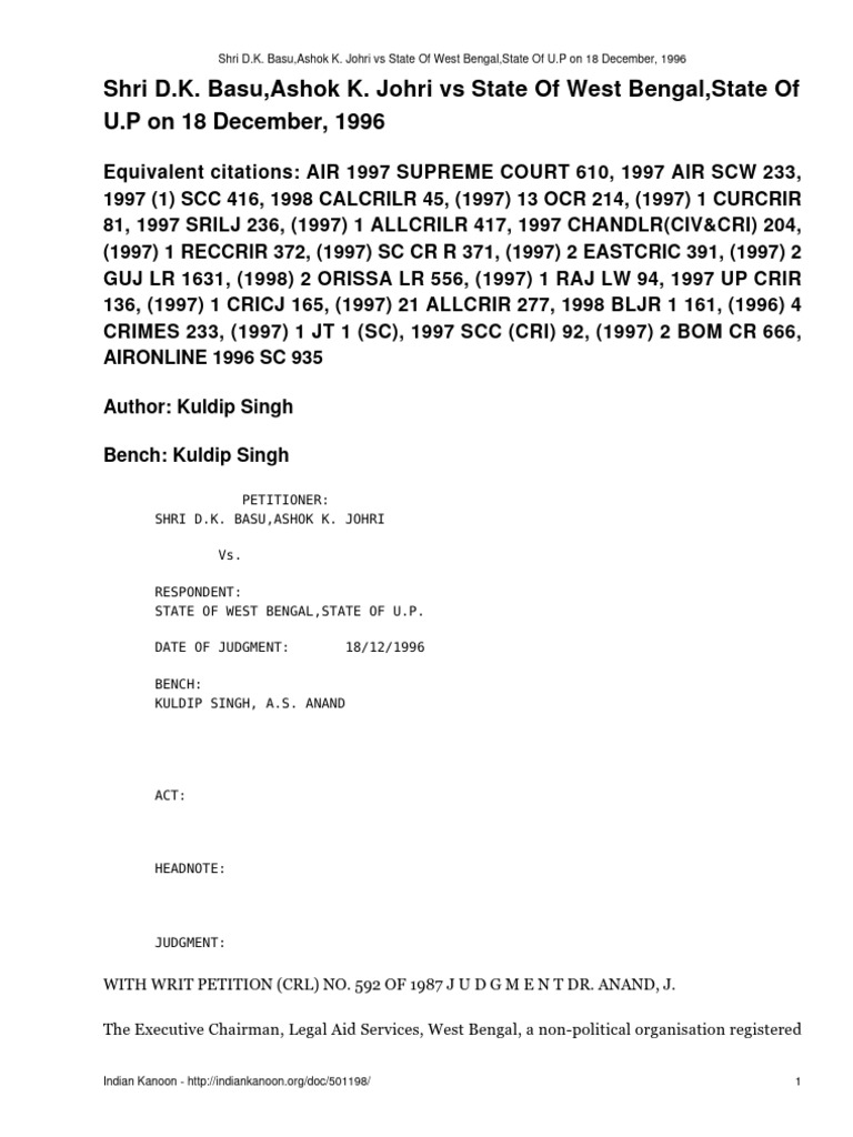 Shri D K Basu Ashok K Johri Vs State of West Bengal State of U P On 18 ...