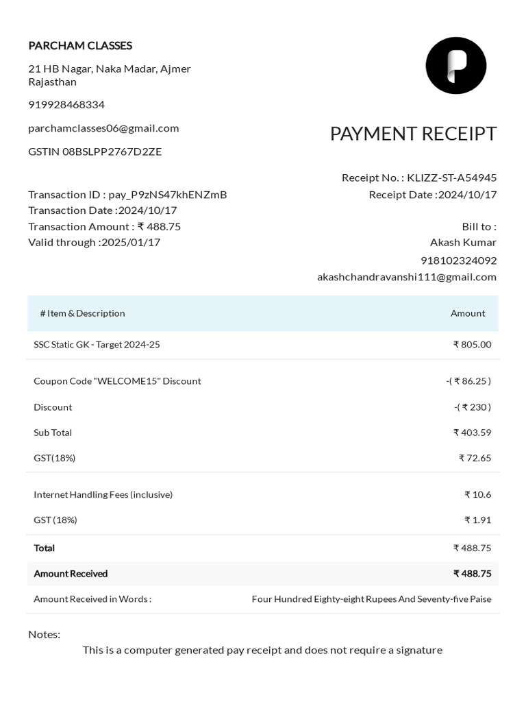 Parcham Classes Payment Receipt | PDF