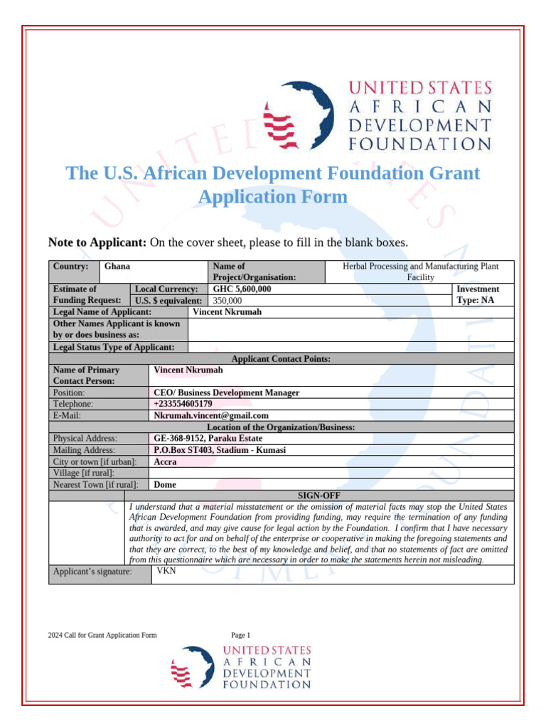 USADF Grant Application for Herbal Plant | PDF | Loans | Food And Drug ...