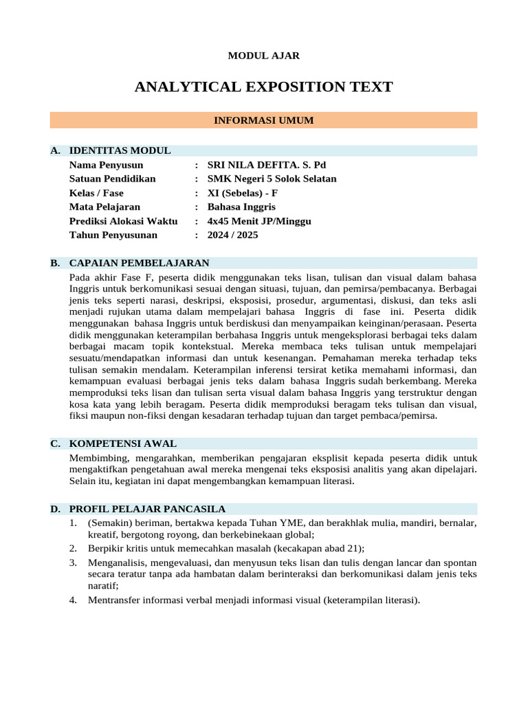Modul Ajar Teks Eksposisi Analitis | PDF